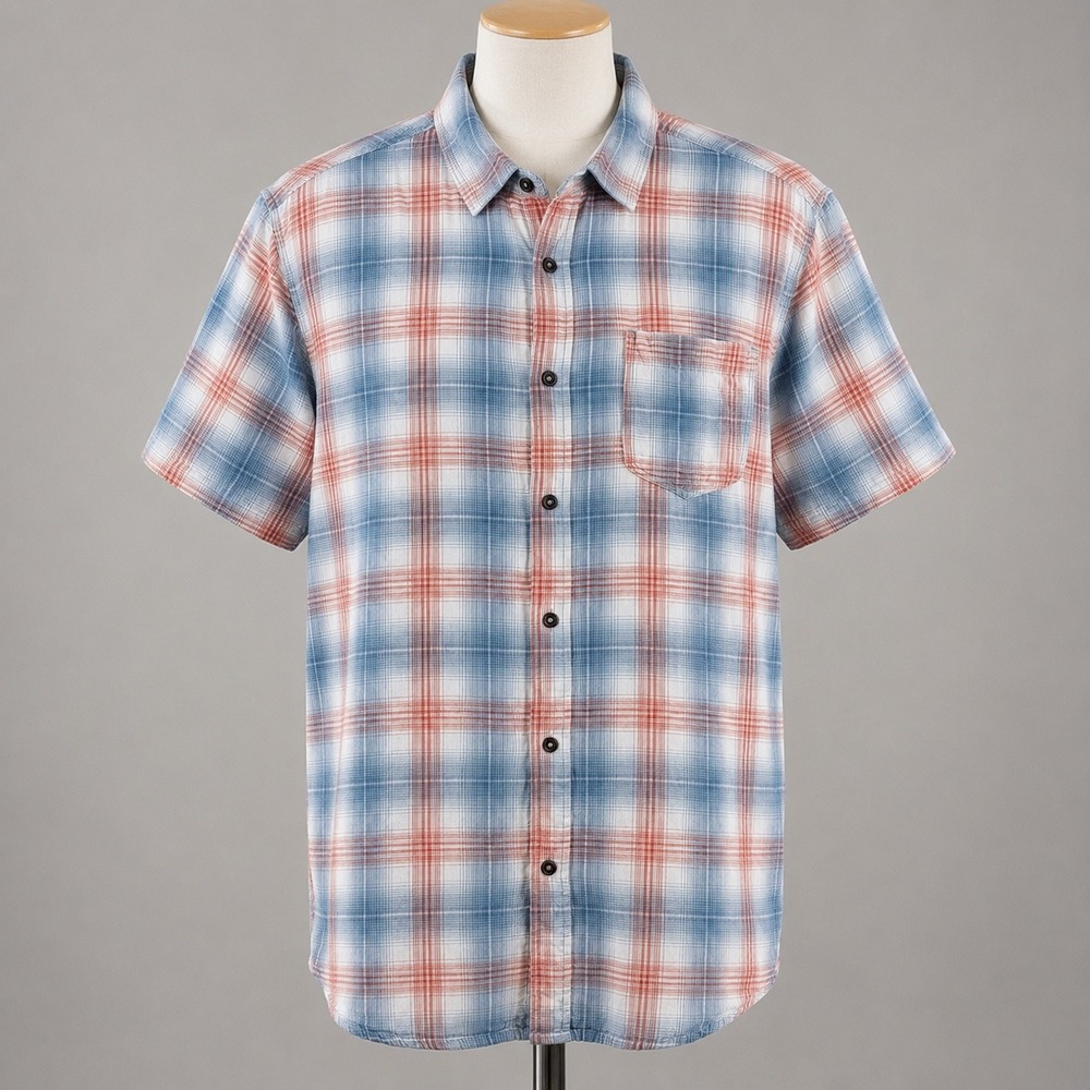 Jeremiah Mens Large Plaid Button Down Shirt Short Sleeve Blue Orange Cotton